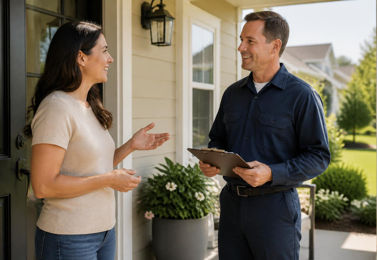 Homeowner speaking with a service professional on a front porch